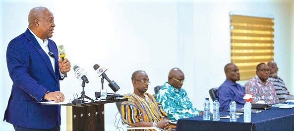 Former President John Mahama speaking at the Minority caucus retreat in Ho